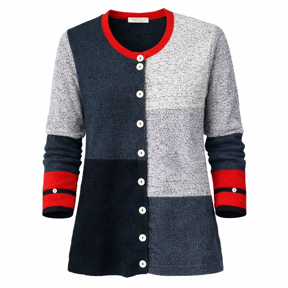 EUC Margaret Winter Women’s Red Black Gray Colorblock Cardigan Button Sweater